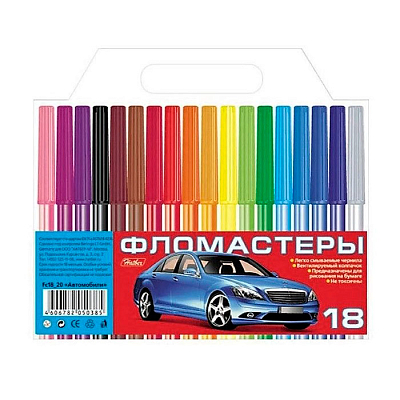 Фломастеры "Hatber", 18 цветов, серия "Автомобили", в блистере