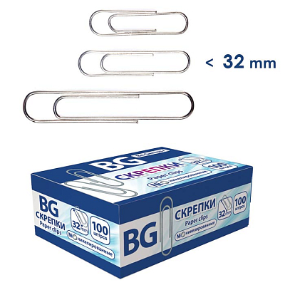 Скрепки канцелярские "BG", 32мм, никелированные, овальные, 100шт в упаковке