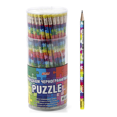 Карандаш чернографитный "Hatber Puzzle HB", 2мм, заточенный, круглый корпус, с ластиком