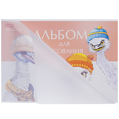 Альбом для рисования "Hatber", 48л, А4, тиснение, пластиковая обложка, на скобе, серия "Модные страусы"