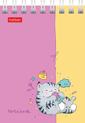 Блокнот "Hatber", 60л, А7, клетка, обложка мелованный картон, на гребне, серия "Приключения кота Пирожка"