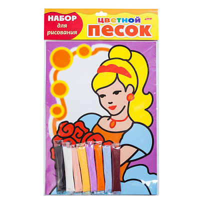 Раскраска "Hatber", А4, цветной песок, с блестками, серия "Раскрась песком - Принцесса с розами"