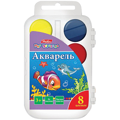 Акварель медовая "Hatber", 8 цветов, серия "Дельфины", пластиковый пенал